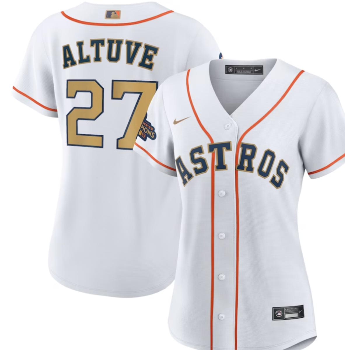 Women's Houston Astros Jose Altuve Nike White/Gold 2023 Gold Collection Replica Player Jersey - $149.99